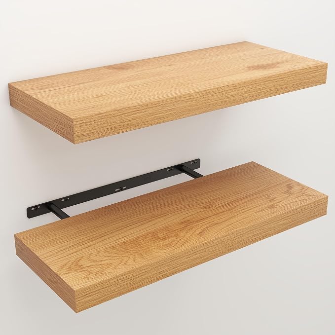 Floating Shelves for Wall, 9.3" Deep Wall Mounted Wood Shelves for Bathroom, Bedroom, Living Room, Kitchen, Hanging Shelf for Books/Storage/Room Decor (Oak, 24")