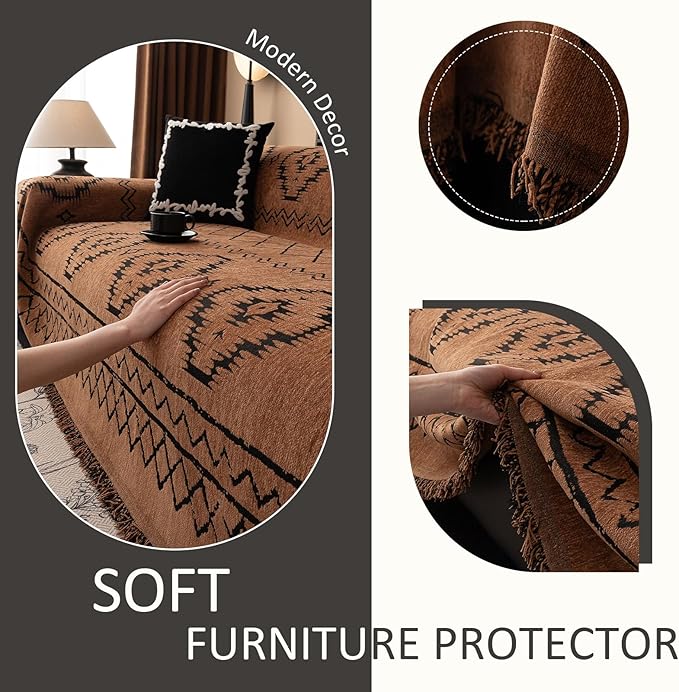 VClife Bohemian Sofa Covers Chenille Couch Cover for Sectional Couch, Soft Non Slip Couch Covers for 3 Cushion Sofa Breathable Sofa Furniture Protector Slip Cover for Couch, Pumpkin, 71"X150"