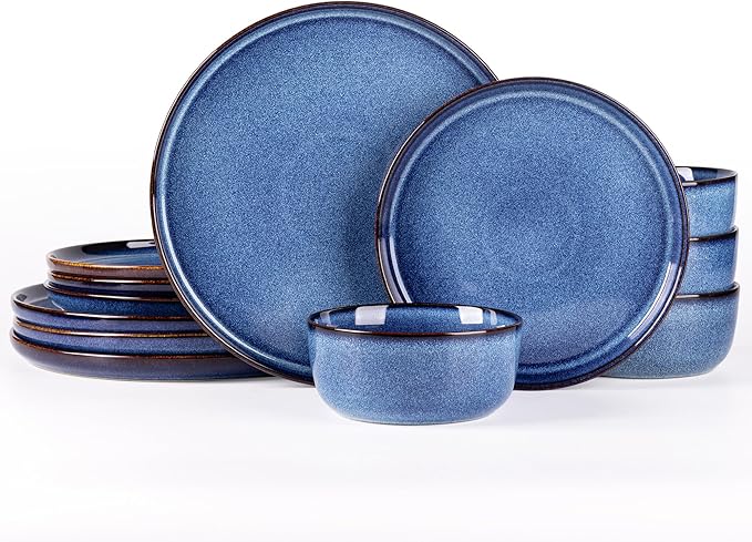 GBHOME Dinnerware Sets for 4, 12 Pieces Stoneware Plates and Bowls Sets, Scratch Resistant Ceramic Dishes, Dishwasher & Microwave Safe, Reactive Glaze-Sea Blue