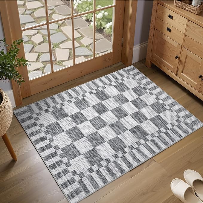 GarveeHome Grey Checkered Rug 2x3 Washable Rug Non-Slip for Entryway, Soft Low-Pile Small Area Rugs, Modern Geometric Rugs for Kitchen