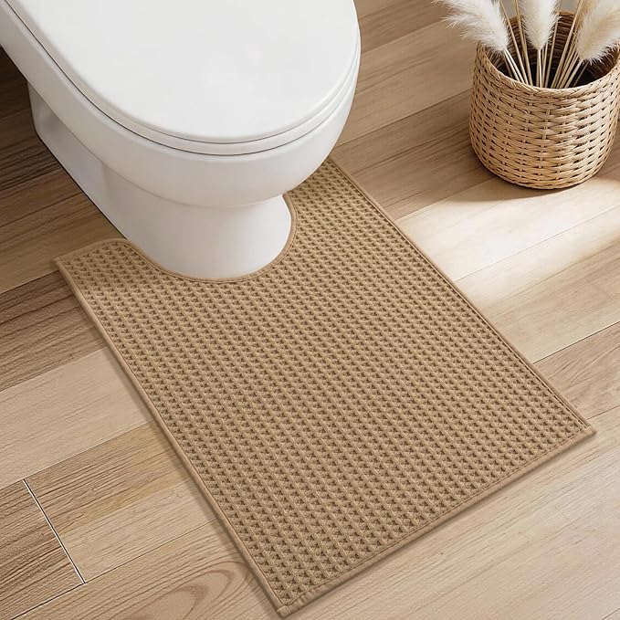 YIHOUSE Waffle Ultra Thin Bath Mat, Soft & Absorbent Bathroom Rug, Non-Slip Rubber Backed, Quick Dry Shower Mat, Boho Farmhouse Bathroom Decor, Machine Washable, Khaki, 17 * 24 (U-Shape)