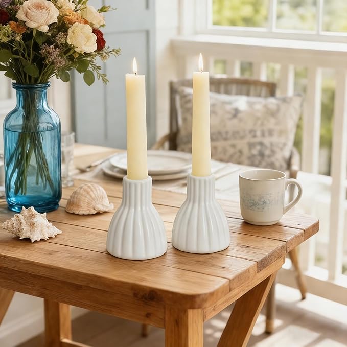 Set of 2 Vintage Ribbed Ceramic Taper Candle Holders, Distressed White Farmhouse Candlestick Stands for Tabletop, Mantel & Shelf Decor