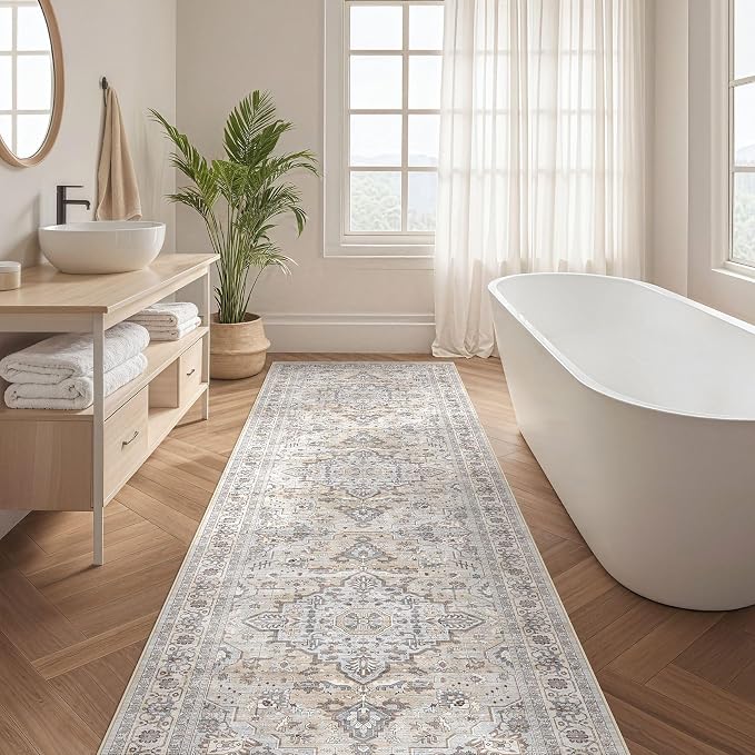 Runner Rug Kitchen Washable Rugs: 2x6 Non-Slip Boho Soft Vintage Stain Resistant Indoor Floor Neutral Farmhouse Throw Carpet for Hallway Bathroom Laundry Room Entryway Bedroom- Ivory Gray