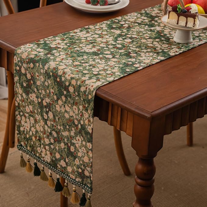 Floral Spring Summer Table Runner for Living Room Jacquard Flower Dining Table Runner with Tassels Modern Decorative Elegant Natural Coffee Table Runners Daisy 13 x 86 Inch Green