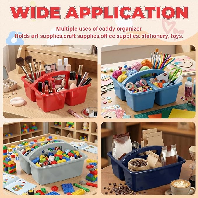 Kathfly 8 Pack Caddy Organizer with Handle, Stackable Organization Storage, Small Plastic Basket Classroom Caddy for Table Desk Office Pencil Kids Room Craft Art Teacher School Supplies (Blue Red)