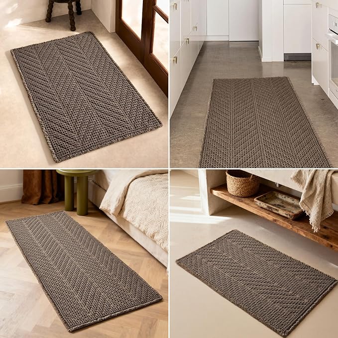 Sunfly Boho Herringbone Waffle Bath Mat, Ultra Soft Non-Slip Bathroom Rug - Super Absorbent & Quick Dry, Washable Bath Rug for Bathroom 24"x48" Taupe