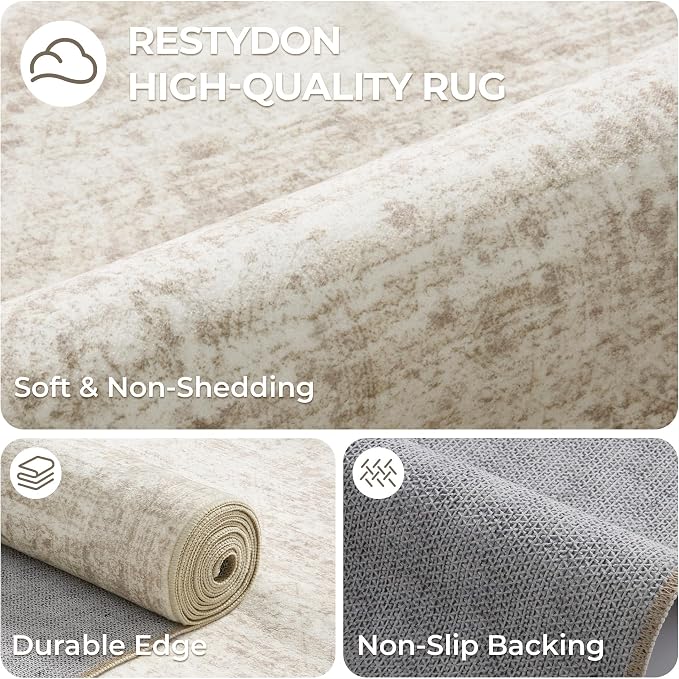 Area Rugs 4x6 for Living Room, Non-Slip Backing Small Kids Rugs for Bedroom, Vintage Abstract Rug Home Decor, Low Pile Soft Washable Rug for Kitchen, Dining Room (4'x6', Beige/Ivory)