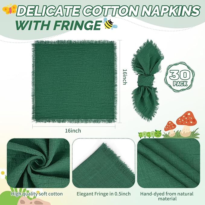 Showgeous 30 Pack Emerald Green Cloth Napkins with Fringe 16x16 inch 100% Cotton Green Napkins Handmade Dinner Napkins Bulk Washable Soft Rustic Table Napkins for Wedding Parties Bridal Baby Shower