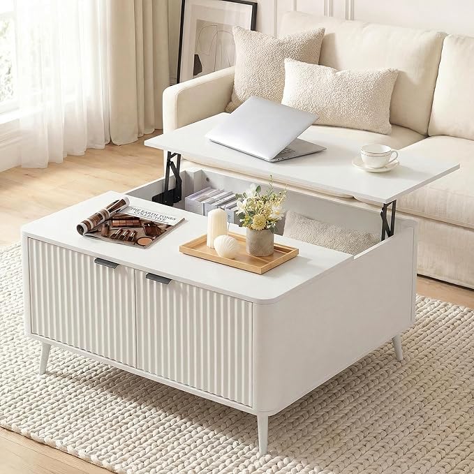 Fatmok Large Lift Top Coffee Table with Hidden Compartment, 35.4" Wide Oversized Square Coffee Table with Storage, Mid Century Modern Fluted Center Table for Home Living Room, White