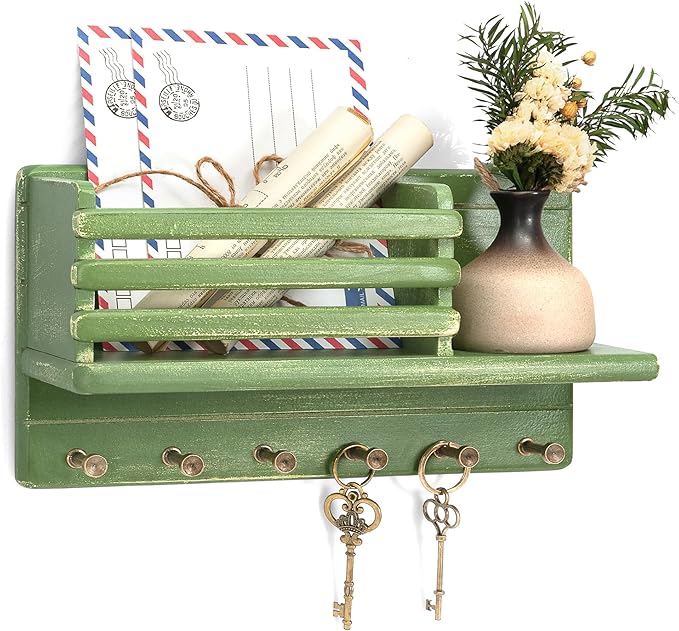 Rebee Vision Pine Wood Key Holder Wall Mount for Room Decor– 6 Hooks for Umbrella & Hats - Wooden Key Holder for Wall with Mail Slot Can Store Letters and Postcard (Green)