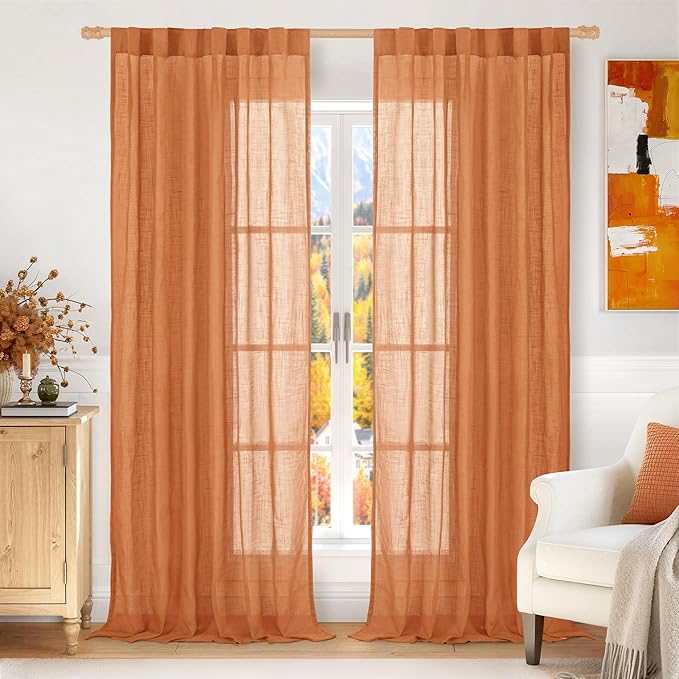 LAMIT Sheer Linen Curtains for Living Room 90 inch Length 2 Panels, Light Filtering Panels Back Tab and Rod Pocket Farmhouse Drapes for Bedroom/Sliding Glass Door, Burnt Orange, 52 x 90 Inch