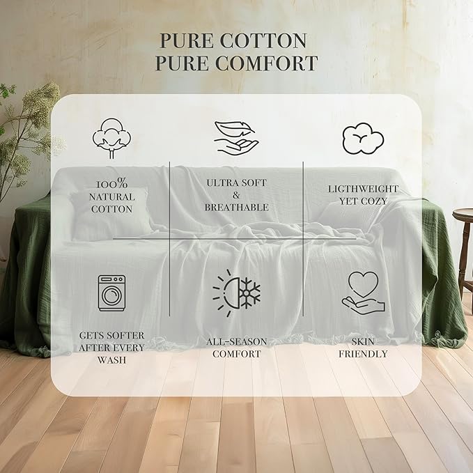 Oversize Washable Couch Cover %100 Natural Cotton, Gauze Couch Covers for Sectional, 3 Seater, 4 Seater Sofa, Large 4 Layered Muslin Fabric, Cloud Like Washable Sofa Cover(Green, 95x150" / 240x380 cm)
