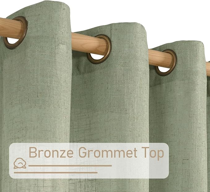 LAMIT Sheer Linen Curtains 63 inches Long for Bedroom, Bronze Grommet Linen Drapes Light Filtering Semi Sheer Curtains for Small Window/Farmhouse, 2 Panels (60 x 63 Inch, Sage Green)