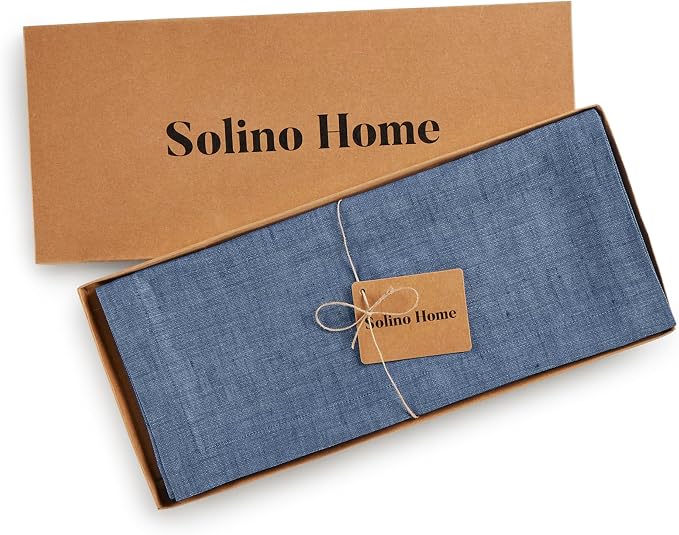 Solino Home Linen Table Runner 120 Inches Long - Athena, 100% Pure Linen Blue Denim Dining Table Runner 14 x 120 Inch for Summer