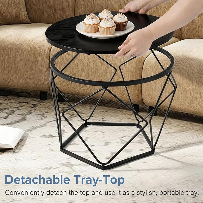 DUMOS Modern Geometric 2Pack Coffee Table, Round Nesting Side Tables with Hidden Storage, Movable End Tables for Living Room Decor & Practical Use Black