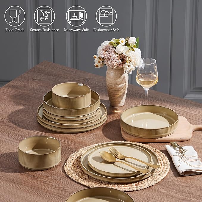 E-far 16 Piece Dinnerware Sets, Plates and Bowls with Pasta Bowls Service for 4, Modern Stoneware Ribbed Dishes for Kitchen Dining, Microwave & Dishwasher Safe, Caramel Khaki