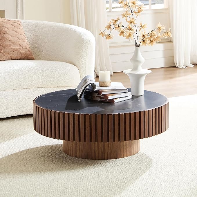Round Coffee Table, 35.43" Circle Sintered Stone Tabletop, Modern Wood Fluted Coffee Table for Living Room Apartment, Easy Assembly (Walnut)