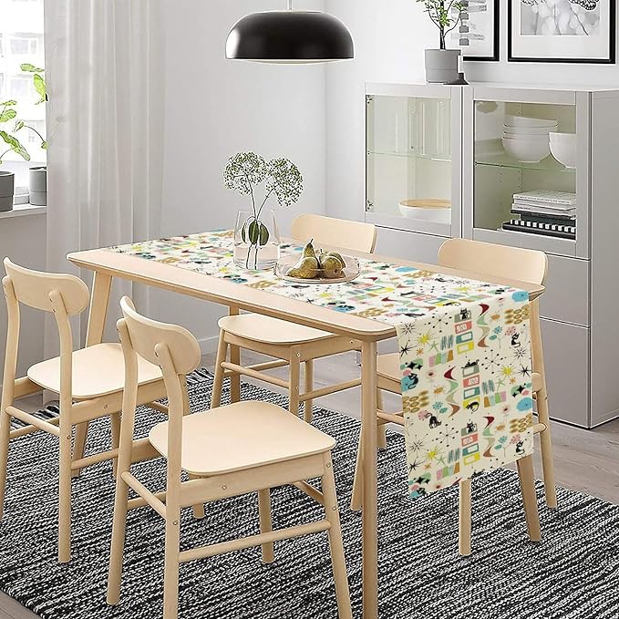 Mid Century Table Runner Modern Black Cat Colorful Geometric Atomic Star for Kitchen Dining Room Dining Table Decoration 13x60in