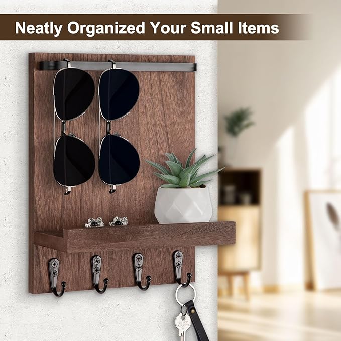 Key Holder Wall Mount, Key Holder for Wall with 4 Hooks, Farmhouse Key Hanger Holds Dog Leash, Sunglasses, Decorative Mail Organizer Home Decor (Brown)