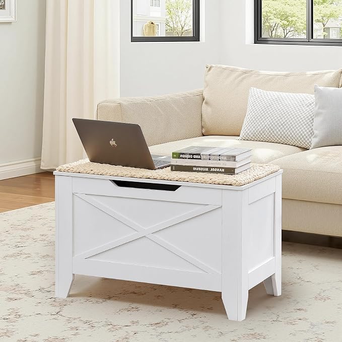 VECELO 30" Storage Bench, Entryway Shoe Ottoman, Farmhouse Style Bench with Handwoven Cushion and Metal Safety Hinges, for Bedroom, Living Room, Entryway, White