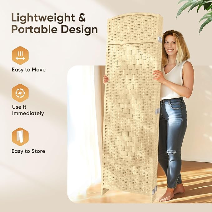 JOSTYLE Room Divider 4 Panel Room Divider Wall, 6ft Tall Divider for Room Separation, Folding Privacy Screen Panel, Portable Wooden Room Divider Panel, Freestanding Partition Screen, Ivory White