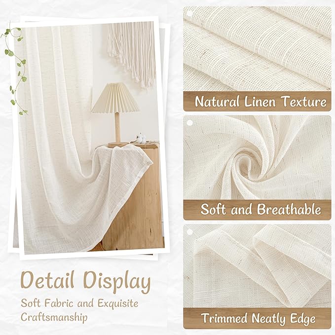 LAMIT Natural Linen Curtains for Small Windows 45 Inch Length, Light Filtering Short Window Drapes Back Tab and Rod Pocket Sheer Curtains for Bathroom/Bedroom/Basement, Set of 2, 34 x 45 Inch