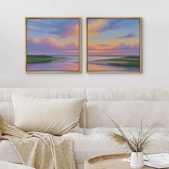 SIGNFORD Framed Canvas Print Wall Art Set Pastel Sunset Coastal Landscape Soft Color Horizon Modern Art Relax/Calm for Living Room, Bedroom, Office - 16"x16"x2 NATURAL
