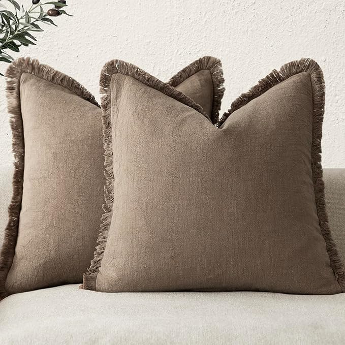 Foindtower Set of 2 Decorative Linen Fringe Throw Pillow Covers Cozy Boho Farmhouse Cushion Cover with Tassels Soft Accent Pillowcase for Couch Sofa Bed Living Room Home Decor, 22×22 Inch, Light Brown