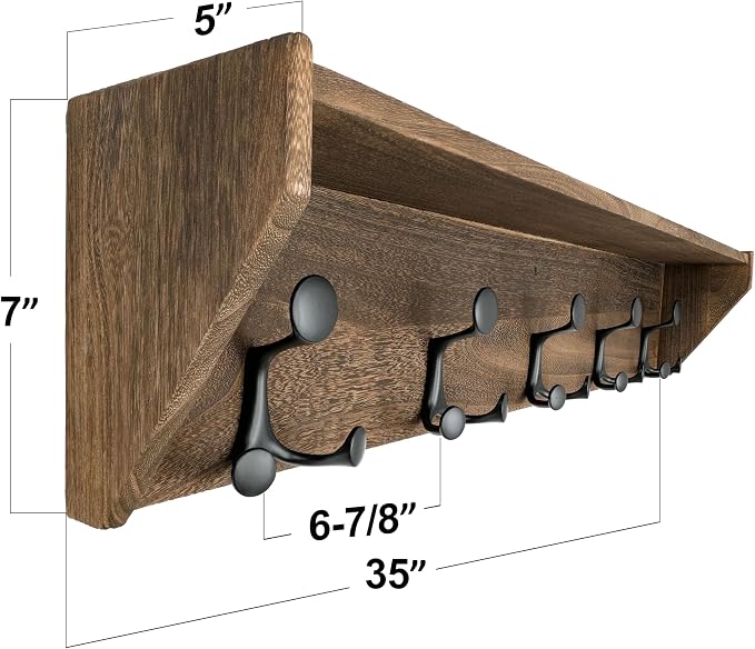 SKOLOO Wall Shelf with Hooks, 35-Inch Weathered Brown Wall Mounted Coat Rack with Shelf Organizer - Lightweight & Sturdy, 5 Tri Hooks - Perfect for Entryway, Hallway, Living Room, Bedroom, Mudroom