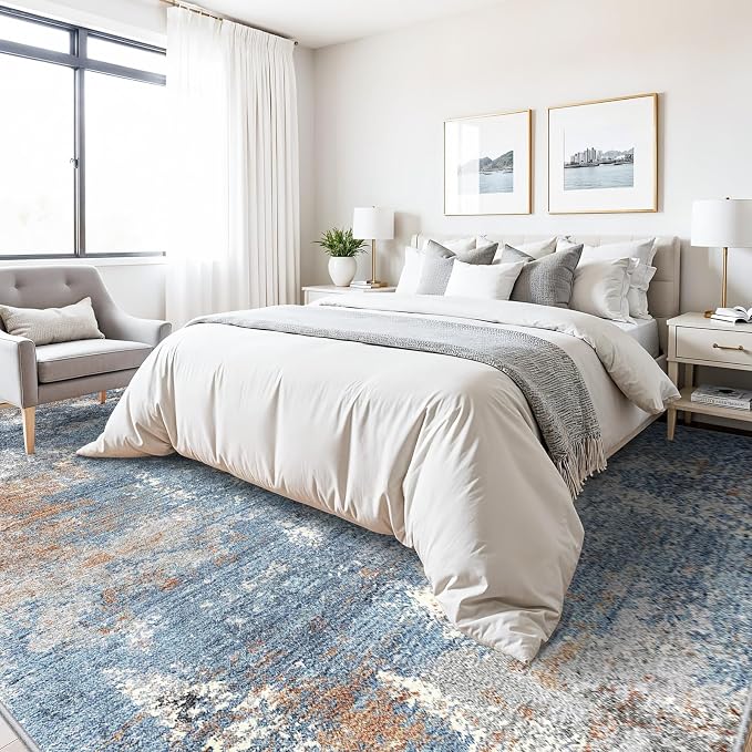 Washable Area Rug 9x12 Living Room – Neutral Modern Abstract Large Carpet for Bedroom Dining Room Office – Soft Non-Slip Low-Pile Thin Stain-Resistant Indoor Rugs （Blue Rust,9x12）