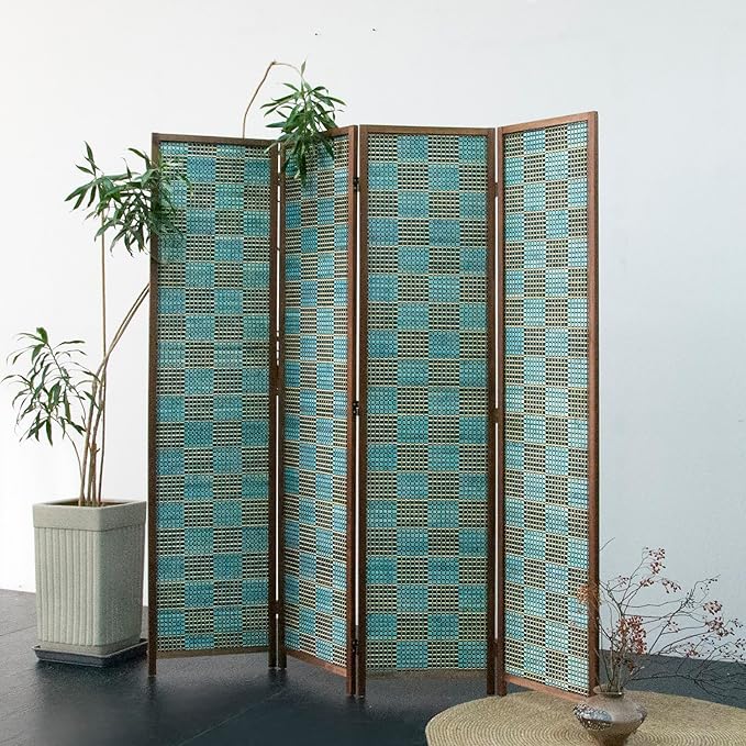 Furnnylane 4 Panel Room Divider Screen and Folding Panel Screen,Double Sided Bamboo Divider for Room Separation,Blue Square,67" H x 63" W