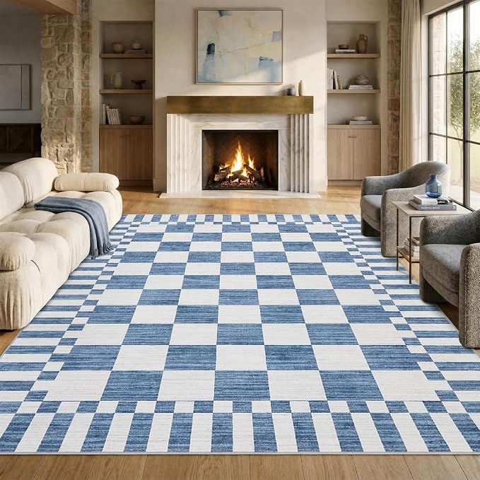 GarveeHome Dark Blue Checkered Rug 6×9 Area Rugs for Living Room,Non-Slip Washable Rug Soft Low-Pile,Neutral Modern Checkerboard Farmhouse Geometric Rugs for Bedroom Dining Room