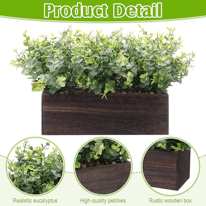 Lyrow 2 Pack Artificial Eucalyptus Plant in Rustic Rectangular Wooden Planter Box Greenery Faux Potted Herb Plant for Indoor Wedding Table Centerpiece(Green,11.4 x 3.7 x 7.8 Inches,Retro Style)