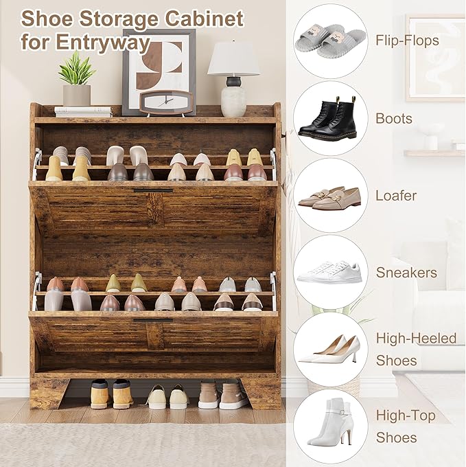 Garvee Shoe Storage Cabinet with 2 Flip Drawers, Freestanding Shoe Organizer Storage for Entryway with 2 Side Hooks, Farmhouse Hidden Slim Narrow Shoe Rack Cabinet, Rustic Brown