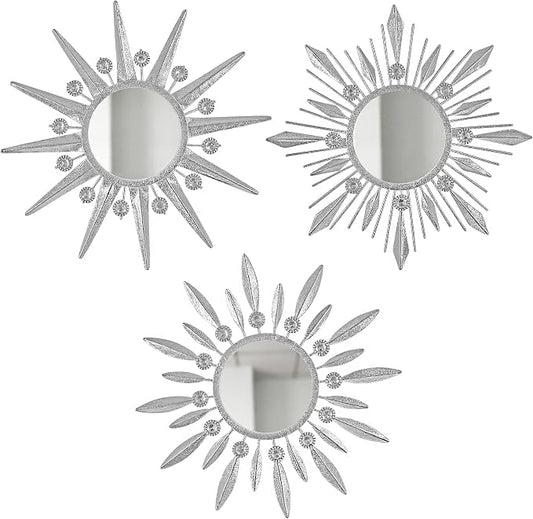 Silver Mirrors Wall Decor, Metal Sunburst Mirror Wall Art Christmas Decorative Mirrors, 9 inch Home Christmas Decoration Rhinestone Small Mirror for Living Room Entryway Set of 3