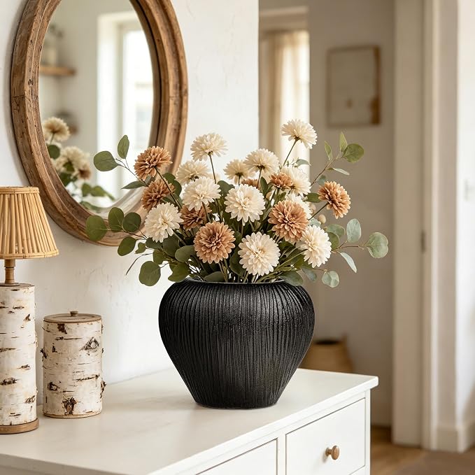 Slim Flat Ceramic Vase for Home Decor, 7" Ribbed Modern Flower Vase, Space-Saving Narrow Decorative Vase for Pampas Grass Artificial Flowers, Farmhouse Boho Table Centerpiece, Black