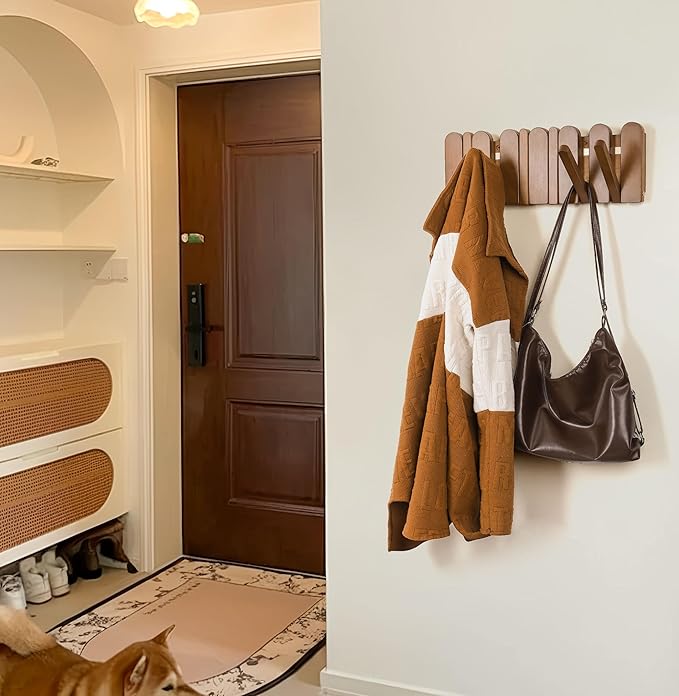 Wall Coat Rack for Entryway: Wooden Modern Heavy Duty 6 Hooks Retractable Wall Mounted for Small Spaces Hallway Bathroom Bedroom for Hanging Jacket Towel Backpack Bag