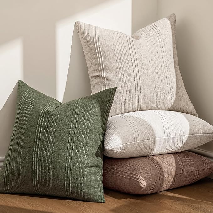MIULEE Striped Euro Sham Pillow Covers 26x26 Decorative Textured Throw Pillow Covers Pack of 2 Linen Cushion Cases for Couch Bed Sofa Livingroom Farmhouse Home Decor, Natural Linen
