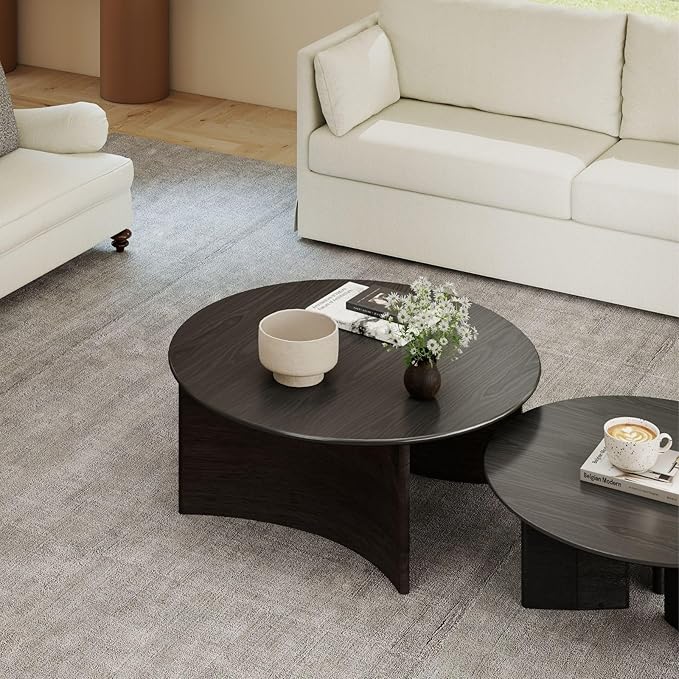 ROCITY 31.5'' Round Coffee Table, Black Circle Coffee Table with Curved Base, Solid Wood, Ideal for Living Room, Apartment, Compact Place