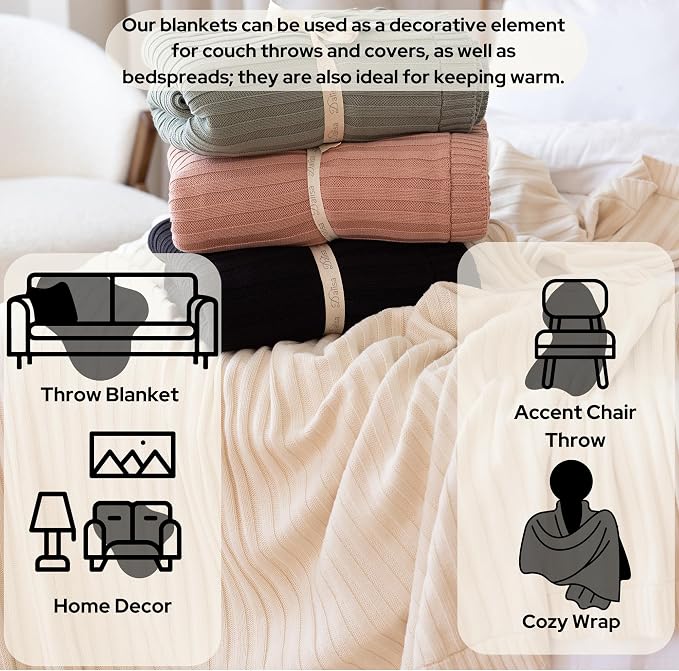 100% Organic Cotton Knit Blanket Denise -Soft and Lightweight, Breathable All-Season Throw for Bed, Sofa, or Lounge Area -GOTS Certified-Perfect for Home and Bedroom Styling (Black, 50x60)