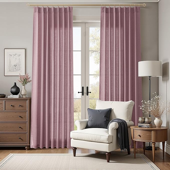 Ash Rose Pinch Pleated Linen Curtains 90 Inch Length 2 Panels for Living Room Bedroom Semi Sheer Window Curtain Boho Neutral Back Tab Pinch Pleat Drape with Hooks 40x90