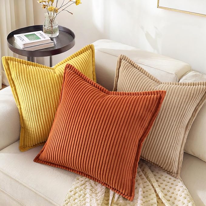 decorUhome Summer Corduroy Rust Throw Pillow Covers 16x16 Set of 2 Decorative Soft Boho Farmhouse Couch Pillow Covers for Living Room Bed Sofa Broadside Striped Pillow Cases