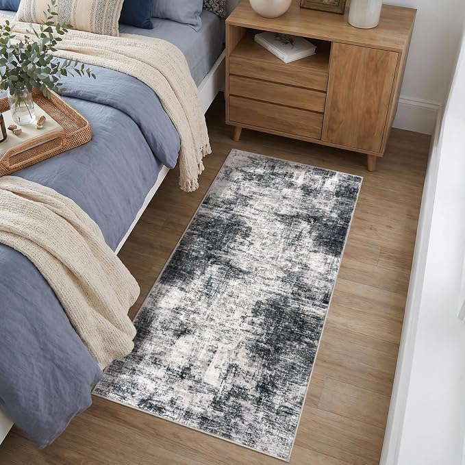 IOHOUZE Abstract Runner Rug 2x4 Ft Entryway Rugs Washable Door Mat Indoor Entrance, Rubber Backed Entryway Runners, Printed Faux Wool Non Slip Floor Carpet for Foyer Front Door Sink, Black Grey