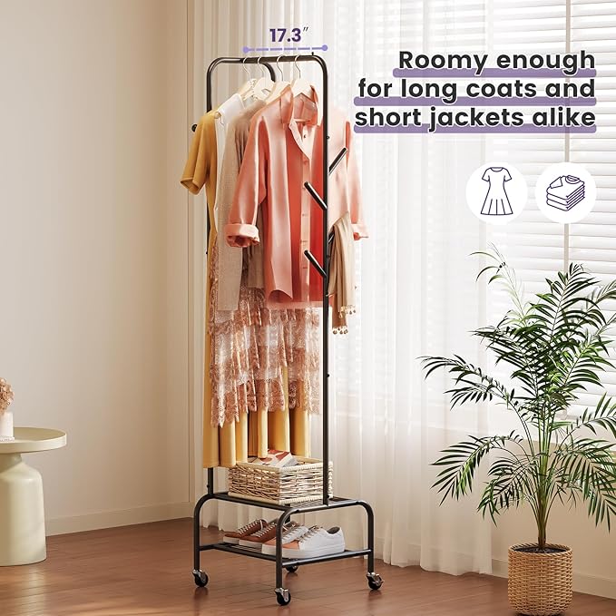 Coat Rack with Shelves, Freestanding Hall Tree with 3 Shelves and 8 Hooks, Industrial Clothes Stand for Entryway, Hallway, Bedroom (Black)
