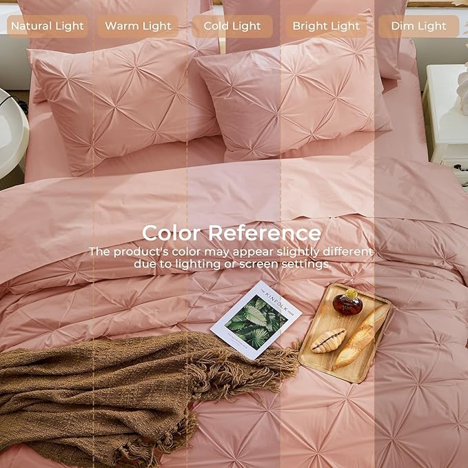 Sasttie King Size Comforter Set, 7-Piece Bed in a Bag, Pintuck Bedding Set for All Season, Includes Comforter, Flat Sheet, Fitted Sheet, Pillowcases and Pillowshams, Blush