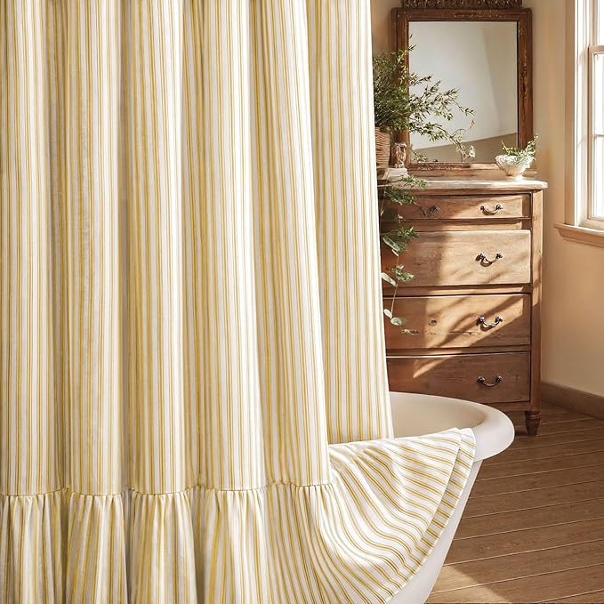 Farmhouse Shower Curtain with Ruffle Hem Linen Shower Curtains for Bathroom Country Vintage Rustic Natural Fabric, Cream-Yellow Stripe 72" W x 84" L