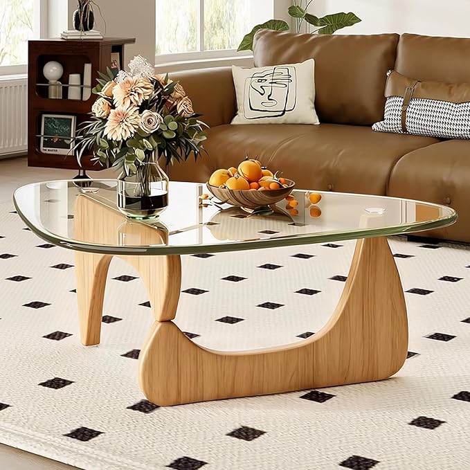 Small Coffee Table, Morden Glass Coffee Table with Triangle Tempered Glass Top & Solid Wood Base for Living Room, Small Space, Apartment