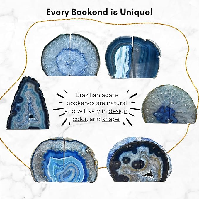 Nature's Decorations Blue Agate Bookends - A-Quality Large Heavy Duty Geode, Navy & Cobalt Premium Office Decor, Crystal Gift, 1 Pair (4-6 lbs)