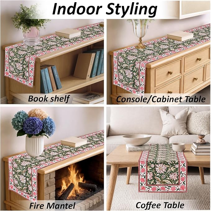 Ridhi Hunter Green Hand Block Print 100% Cotton Reusable Table Runner 16" X 70" Inches Table Runner Decorative Everyday Use for Dining, Home Gift for Spring, Easter, Valentine