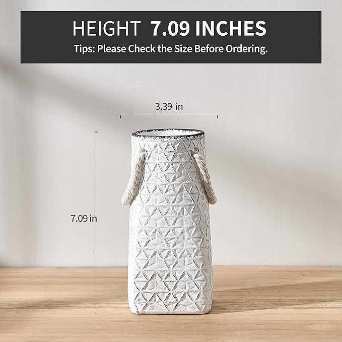 Vaseking Elegant White Petite Vase, 7 inch Ceramic Modern Minimalism Geometric Texture Purse Vase with Hanging Rope, Creative Tote Bag Vases for Home Decor, Living Room, Wedding, Bookshelf Decor
